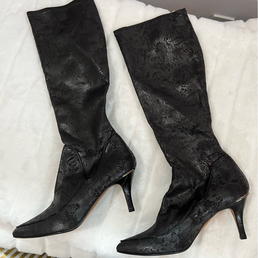 NEW Donald J Pliner Stretch Leather Tall Boot — Black Metallic Leather